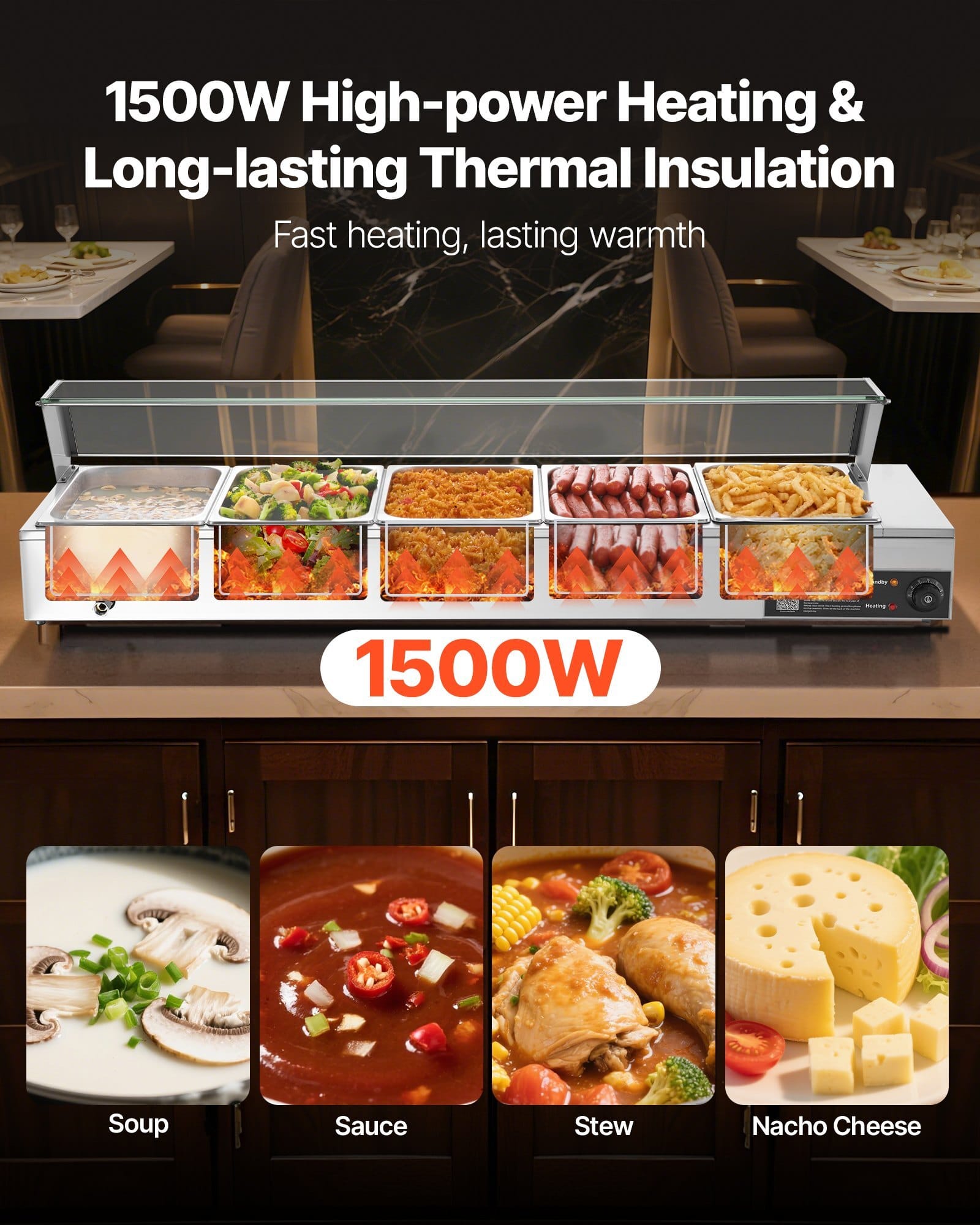 Commercial Food Warmer, 1500W Electric Stainless Steel Steam Food Warmer with Glass Cover, Countertop Buffet Bain Marie with Five 1/2 Size Food Pans, for Catering, Restaurant, Party & Buffets