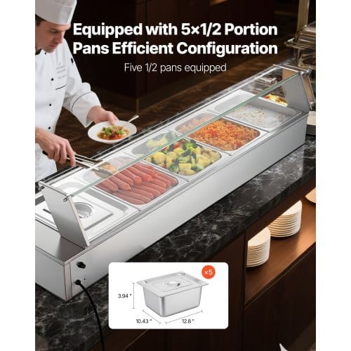 Commercial Food Warmer, 1500W Electric Stainless Steel Steam Food Warmer with Glass Cover, Countertop Buffet Bain Marie with Five 1/2 Size Food Pans, for Catering, Restaurant, Party & Buffets - Image 2