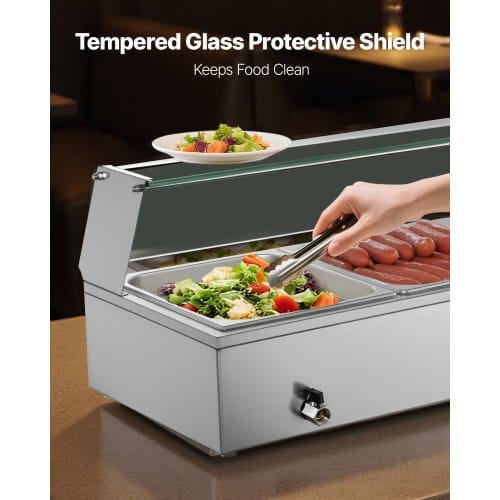 Commercial Food Warmer, 1500W Electric Stainless Steel Steam Food Warmer with Glass Cover, Countertop Buffet Bain Marie with Five 1/2 Size Food Pans, for Catering, Restaurant, Party & Buffets - Image 3