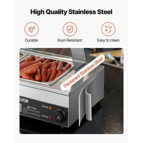 Commercial Food Warmer, 1500W Electric Stainless Steel Steam Food Warmer with Glass Cover, Countertop Buffet Bain Marie with Five 1/2 Size Food Pans, for Catering, Restaurant, Party & Buffets - Image 4