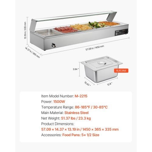 Commercial Food Warmer, 1500W Electric Stainless Steel Steam Food Warmer with Glass Cover, Countertop Buffet Bain Marie with Five 1/2 Size Food Pans, for Catering, Restaurant, Party & Buffets - Image 6