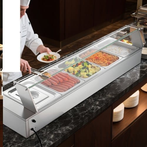Commercial Food Warmer, 1500W Electric Stainless Steel Steam Food Warmer with Glass Cover, Countertop Buffet Bain Marie with Five 1/2 Size Food Pans, for Catering, Restaurant, Party & Buffets - Image 7