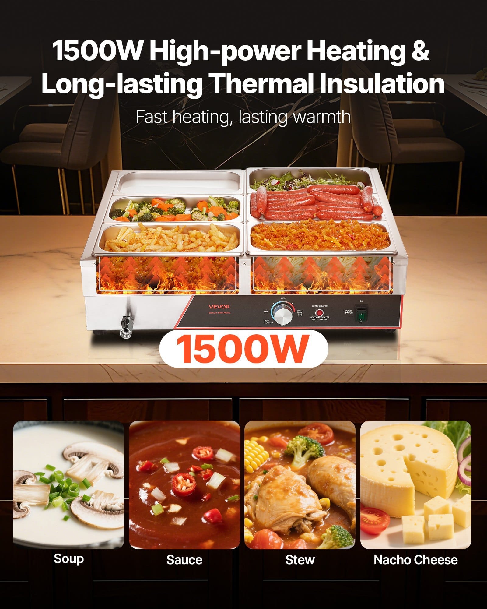Commercial Food Warmer, 1500W Electric Stainless Steel Steam Food Warming with Lid, 6-Pan Fast Heating Countertop Buffet Bain Marie with Power Cord, for Catering, Restaurant, Party & Buffets