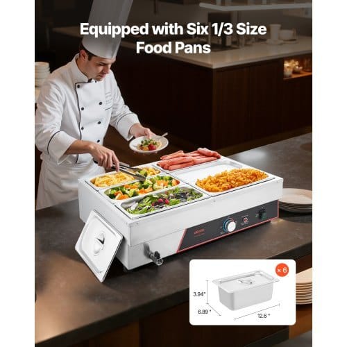 Commercial Food Warmer, 1500W Electric Stainless Steel Steam Food Warming with Lid, 6-Pan Fast Heating Countertop Buffet Bain Marie with Power Cord, for Catering, Restaurant, Party & Buffets - Image 2