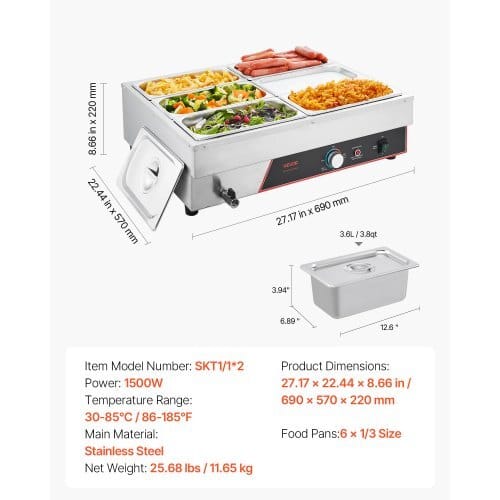 Commercial Food Warmer, 1500W Electric Stainless Steel Steam Food Warming with Lid, 6-Pan Fast Heating Countertop Buffet Bain Marie with Power Cord, for Catering, Restaurant, Party & Buffets - Image 6