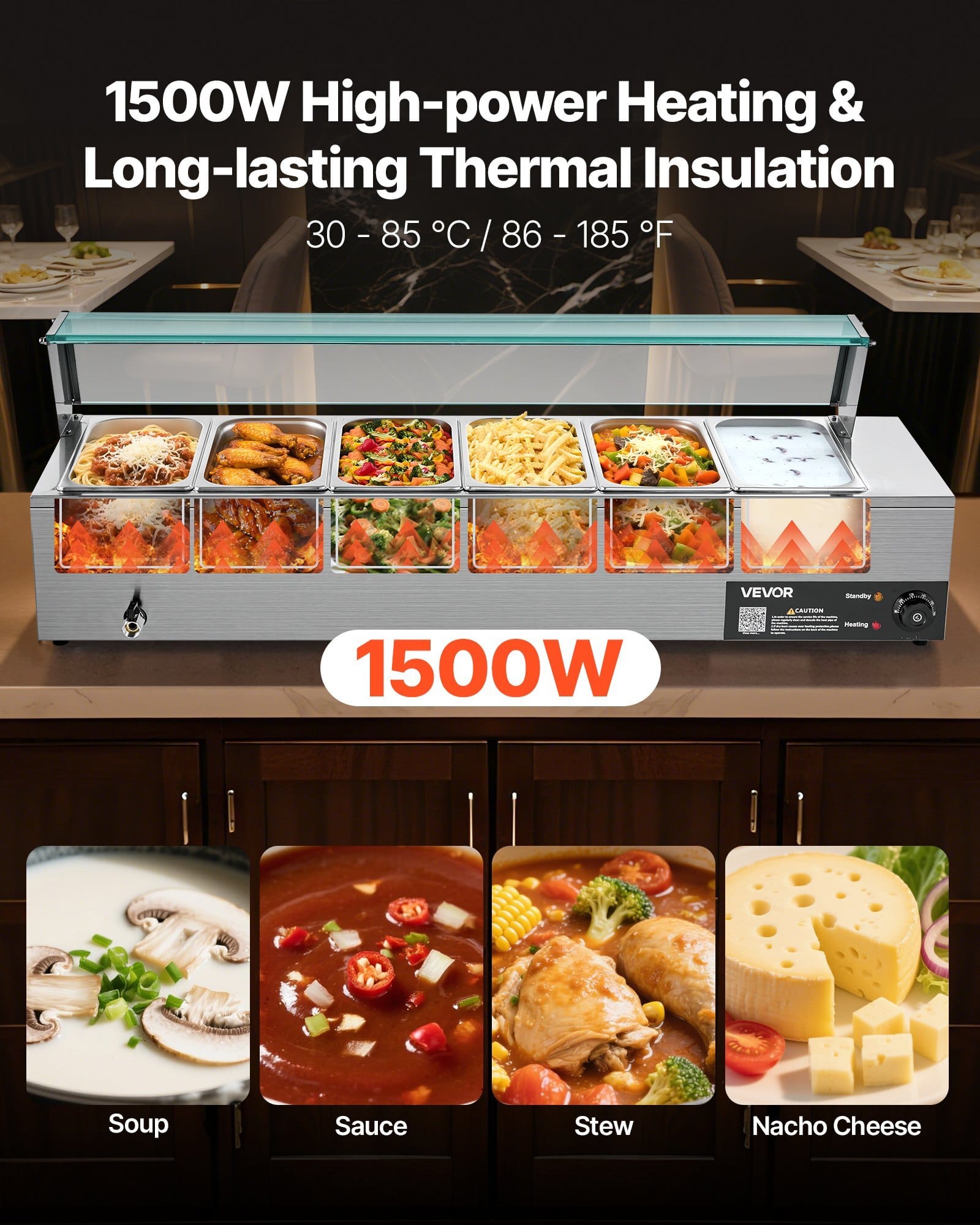 Commercial Food Warmer, 1500W Electric Stainless Steel Steam Food Warmer with Glass Cover, 6 x 1/3 Size Pans Buffet Bain Marie with Soup & Perforated Ladles, for Catering, Restaurant & Party