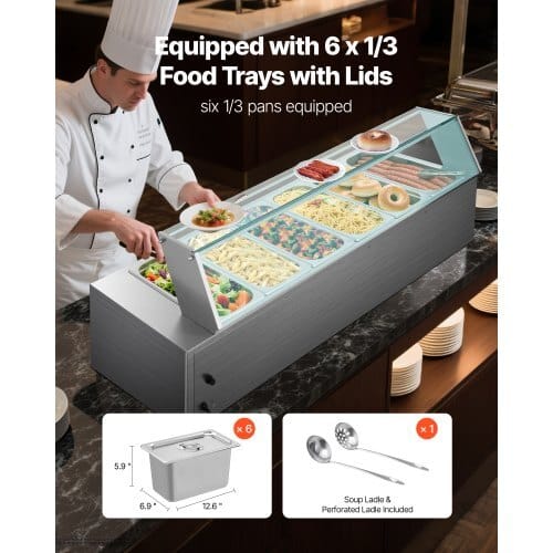 Commercial Food Warmer, 1500W Electric Stainless Steel Steam Food Warmer with Glass Cover, 6 x 1/3 Size Pans Buffet Bain Marie with Soup & Perforated Ladles, for Catering, Restaurant & Party - Image 2