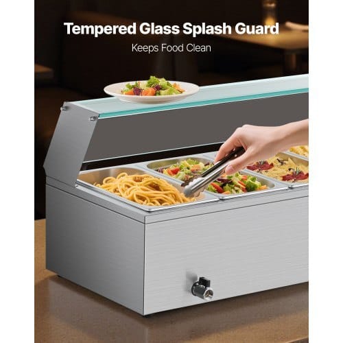 Commercial Food Warmer, 1500W Electric Stainless Steel Steam Food Warmer with Glass Cover, 6 x 1/3 Size Pans Buffet Bain Marie with Soup & Perforated Ladles, for Catering, Restaurant & Party - Image 3