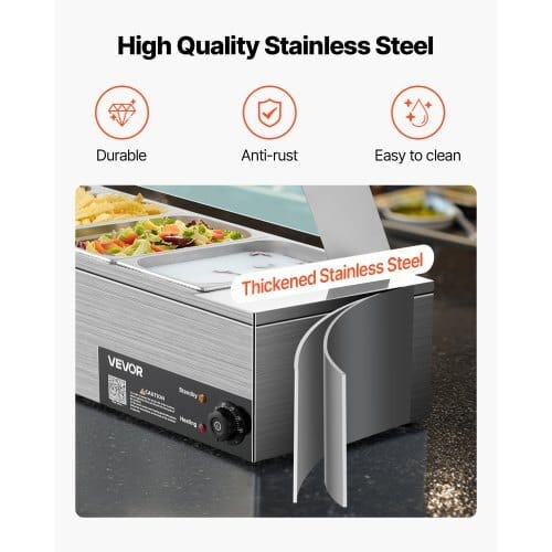 Commercial Food Warmer, 1500W Electric Stainless Steel Steam Food Warmer with Glass Cover, 6 x 1/3 Size Pans Buffet Bain Marie with Soup & Perforated Ladles, for Catering, Restaurant & Party - Image 4