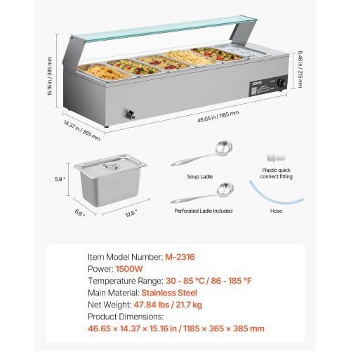 Commercial Food Warmer, 1500W Electric Stainless Steel Steam Food Warmer with Glass Cover, 6 x 1/3 Size Pans Buffet Bain Marie with Soup & Perforated Ladles, for Catering, Restaurant & Party - Image 6