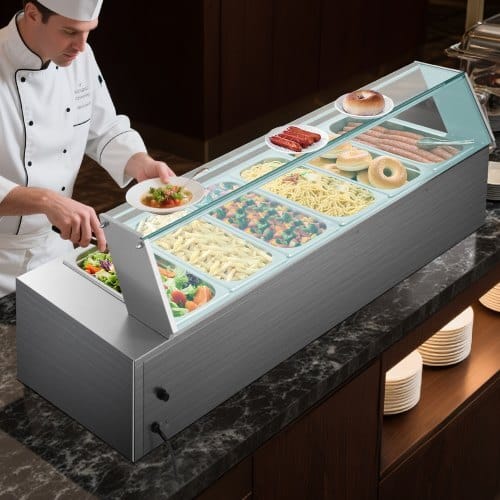 Commercial Food Warmer, 1500W Electric Stainless Steel Steam Food Warmer with Glass Cover, 6 x 1/3 Size Pans Buffet Bain Marie with Soup & Perforated Ladles, for Catering, Restaurant & Party - Image 7