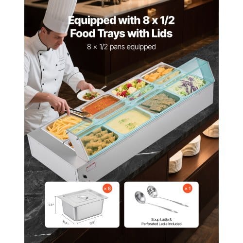Commercial Food Warmer, 1700W Electric Stainless Steel Steam Food Warmer with Glass Cover, 8-Pan Countertop Buffet Bain Marie with Soup & Perforated Ladles, for Catering, Restaurant & Party - Image 2