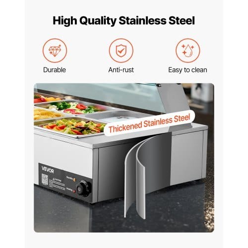 Commercial Food Warmer, 1700W Electric Stainless Steel Steam Food Warmer with Glass Cover, 8-Pan Countertop Buffet Bain Marie with Soup & Perforated Ladles, for Catering, Restaurant & Party - Image 4