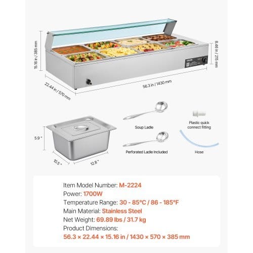 Commercial Food Warmer, 1700W Electric Stainless Steel Steam Food Warmer with Glass Cover, 8-Pan Countertop Buffet Bain Marie with Soup & Perforated Ladles, for Catering, Restaurant & Party - Image 6