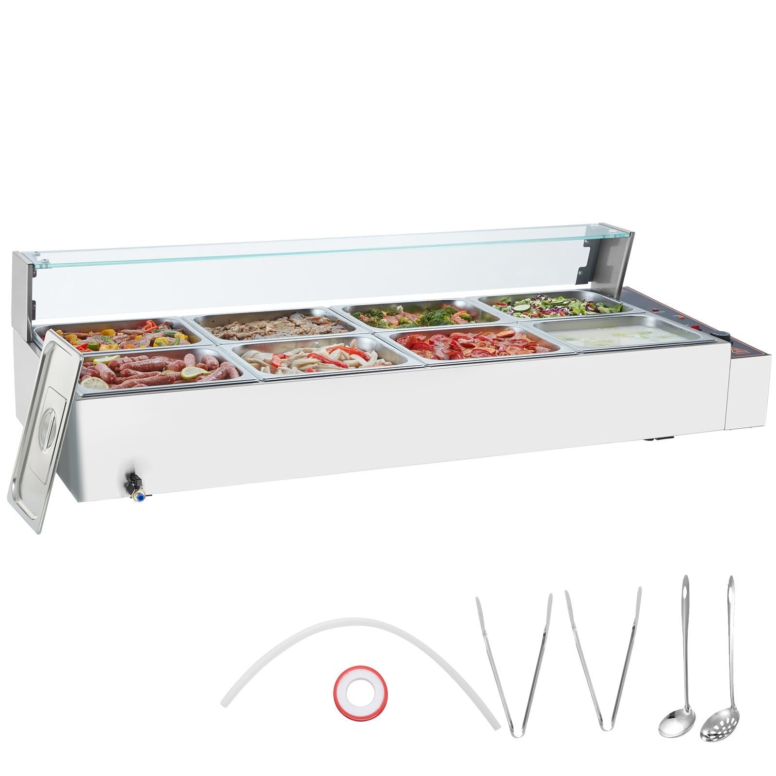 8-Pan Commercial Food Warmer, 8 x 8QT Electric Steam Table with Glass Cover, 1700W Countertop Stainless Steel Buffet Bain Marie 86-185?&deg;F Temp Control for Catering, Restaurants, Silver