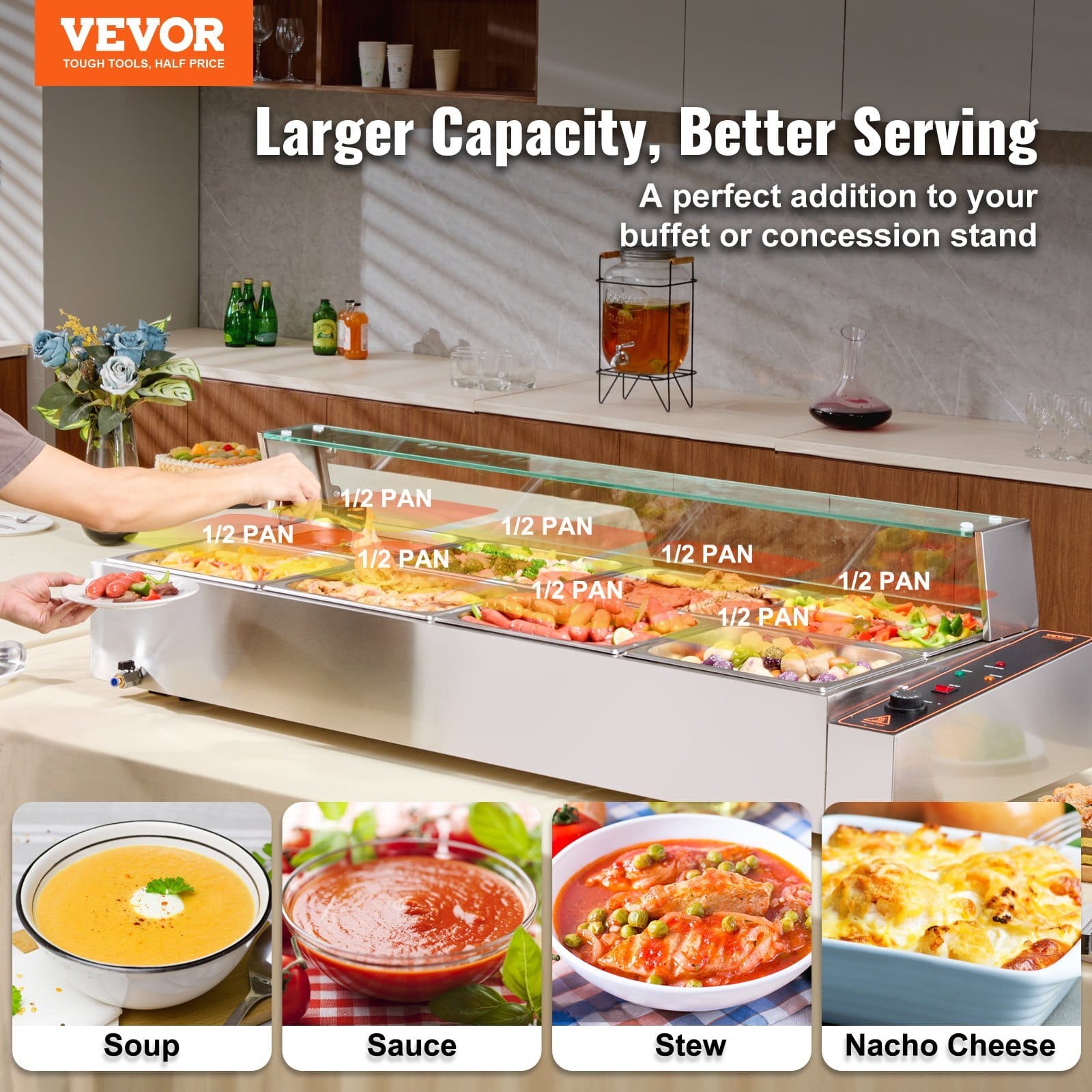 8-Pan Commercial Food Warmer, 8 x 8QT Electric Steam Table with Glass Cover, 1700W Countertop Stainless Steel Buffet Bain Marie 86-185?°F Temp Control for Catering, Restaurants, Silver - Image 2