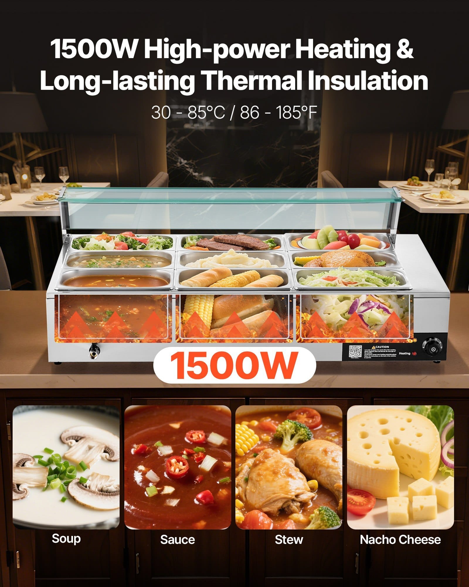 Commercial Food Warmer, 1500W Electric Stainless Steel Steam Food Warmer with Glass Cover, 9-Pan Countertop Buffet Bain Marie with Soup & Perforated Ladles, for Catering, Restaurant & Party