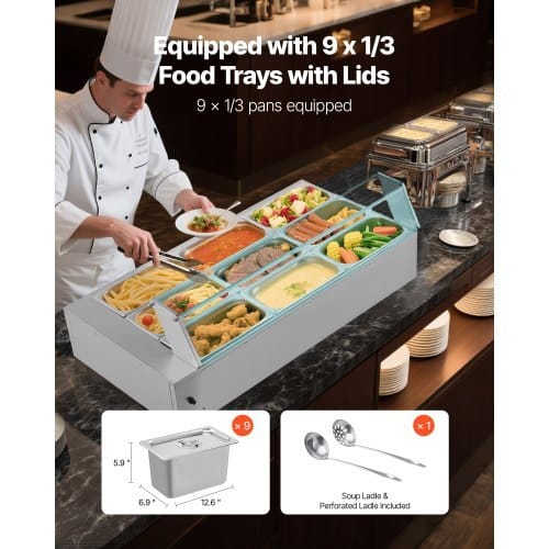 Commercial Food Warmer, 1500W Electric Stainless Steel Steam Food Warmer with Glass Cover, 9-Pan Countertop Buffet Bain Marie with Soup & Perforated Ladles, for Catering, Restaurant & Party - Image 2