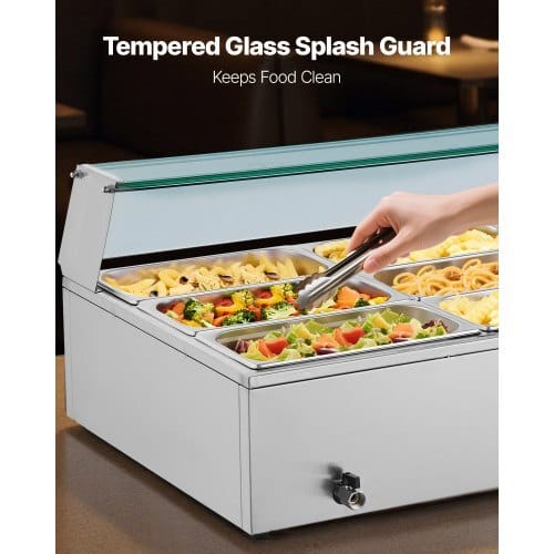 Commercial Food Warmer, 1500W Electric Stainless Steel Steam Food Warmer with Glass Cover, 9-Pan Countertop Buffet Bain Marie with Soup & Perforated Ladles, for Catering, Restaurant & Party - Image 3