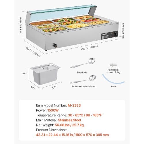 Commercial Food Warmer, 1500W Electric Stainless Steel Steam Food Warmer with Glass Cover, 9-Pan Countertop Buffet Bain Marie with Soup & Perforated Ladles, for Catering, Restaurant & Party - Image 6