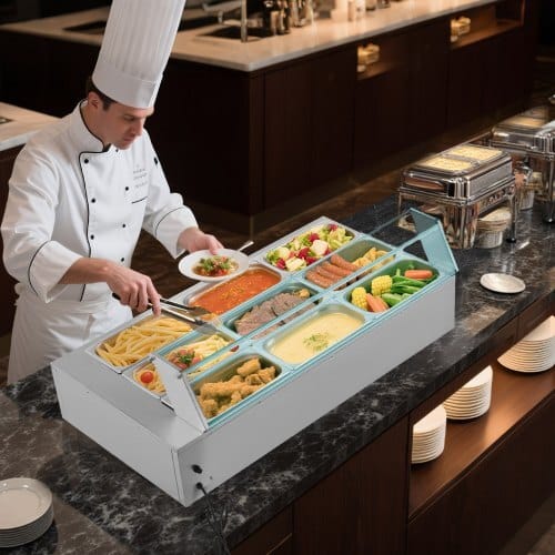 Commercial Food Warmer, 1500W Electric Stainless Steel Steam Food Warmer with Glass Cover, 9-Pan Countertop Buffet Bain Marie with Soup & Perforated Ladles, for Catering, Restaurant & Party - Image 7