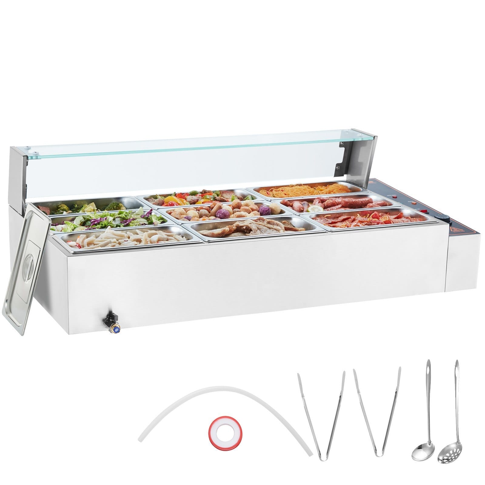 9-Pan Commercial Food Warmer, 9 x 5QT Electric Steam Table with Glass Cover, 1500W Countertop Stainless Steel Buffet Bain Marie 86-185?&deg;F Temp Control for Catering, Restaurants, Silver