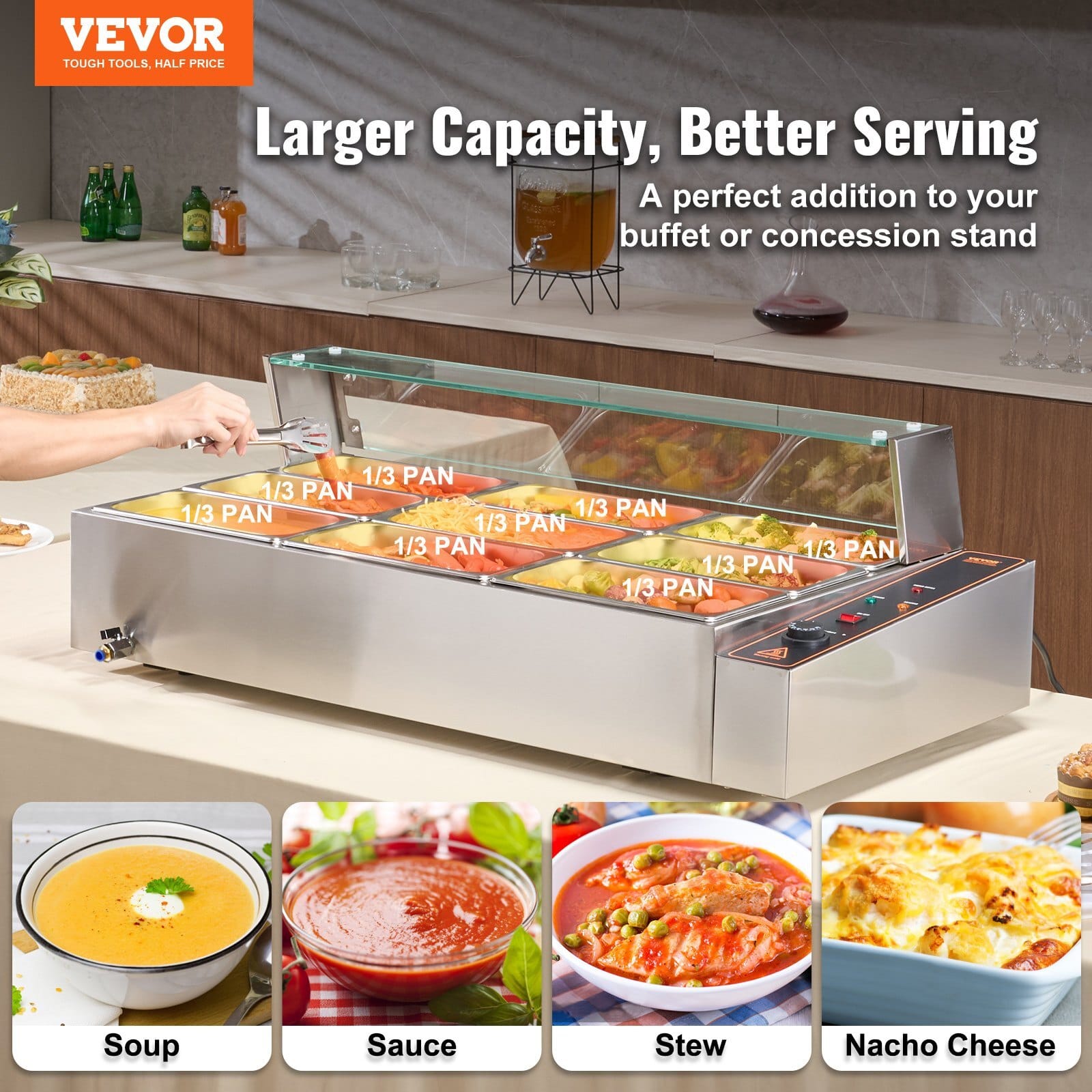 9-Pan Commercial Food Warmer, 9 x 5QT Electric Steam Table with Glass Cover, 1500W Countertop Stainless Steel Buffet Bain Marie 86-185?°F Temp Control for Catering, Restaurants, Silver - Image 2