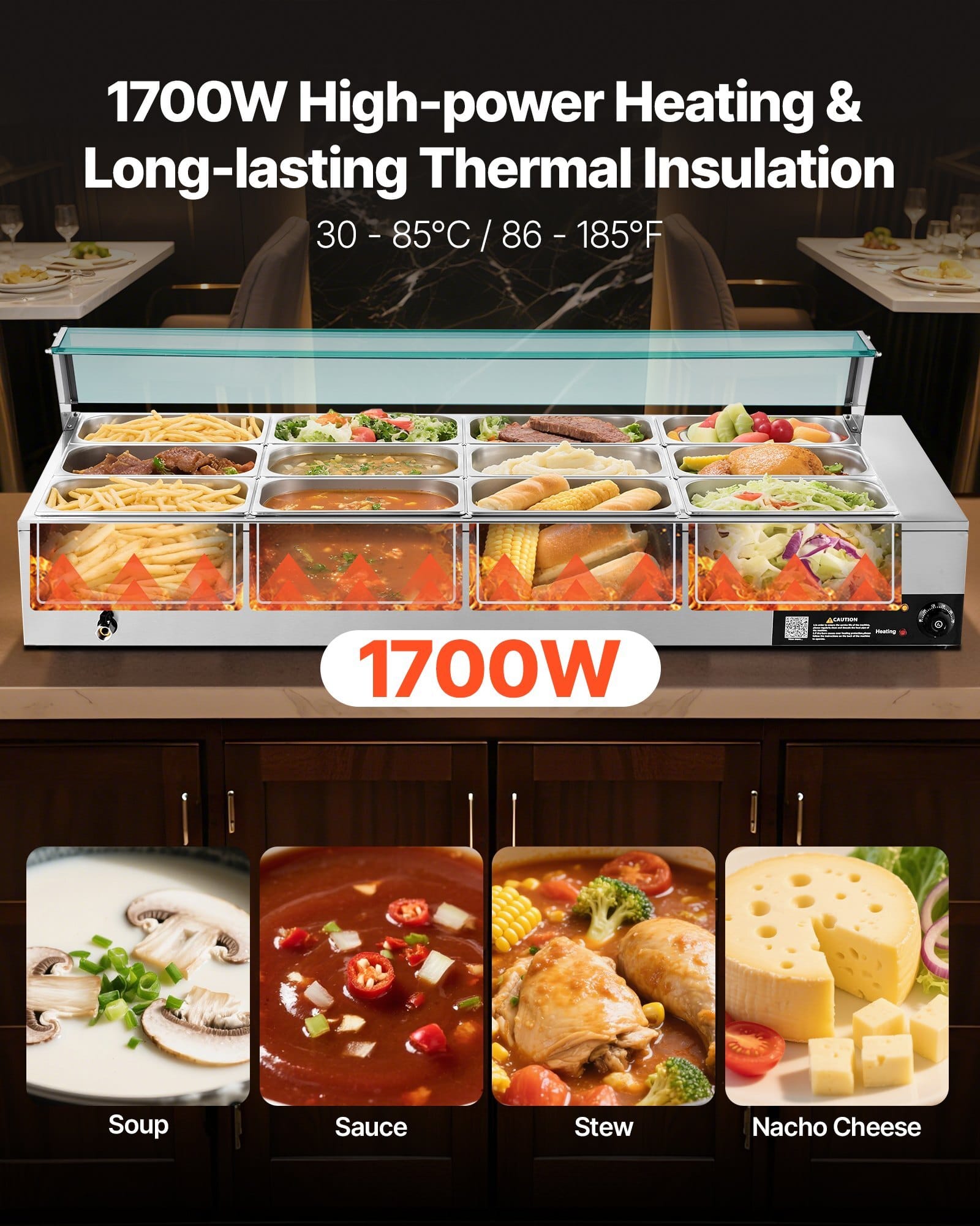 Commercial Food Warmer, 1700W Electric Stainless Steel Steam Food Warmer with Glass Cover, 12-Pan Countertop Buffet Bain Marie with Soup & Perforated Ladles, for Catering, Restaurant & Party