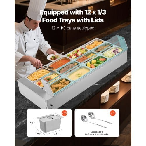 Commercial Food Warmer, 1700W Electric Stainless Steel Steam Food Warmer with Glass Cover, 12-Pan Countertop Buffet Bain Marie with Soup & Perforated Ladles, for Catering, Restaurant & Party - Image 2