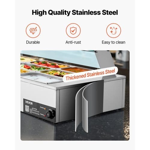 Commercial Food Warmer, 1700W Electric Stainless Steel Steam Food Warmer with Glass Cover, 12-Pan Countertop Buffet Bain Marie with Soup & Perforated Ladles, for Catering, Restaurant & Party - Image 4