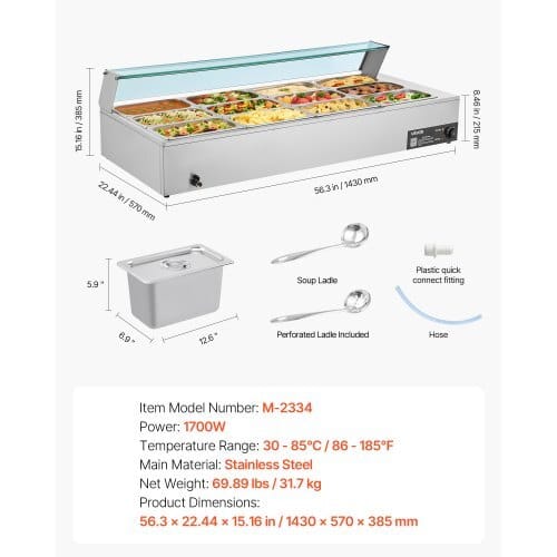 Commercial Food Warmer, 1700W Electric Stainless Steel Steam Food Warmer with Glass Cover, 12-Pan Countertop Buffet Bain Marie with Soup & Perforated Ladles, for Catering, Restaurant & Party - Image 6