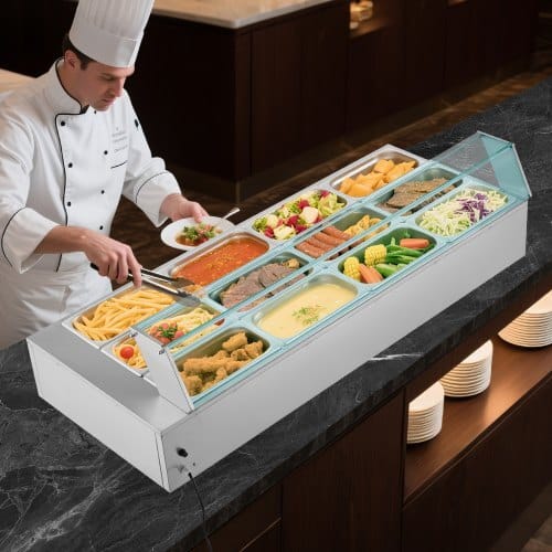 Commercial Food Warmer, 1700W Electric Stainless Steel Steam Food Warmer with Glass Cover, 12-Pan Countertop Buffet Bain Marie with Soup & Perforated Ladles, for Catering, Restaurant & Party - Image 7