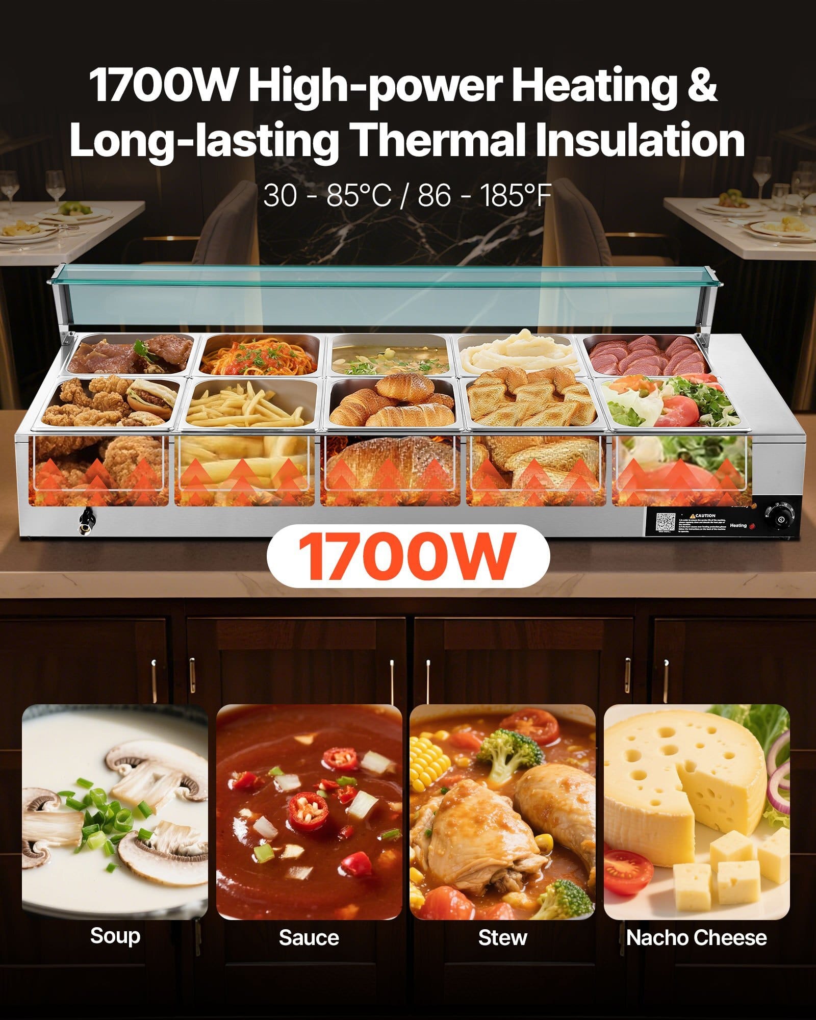 Commercial Food Warmer, 1700W Electric Stainless Steel Steam Food Warmer with Glass Cover, 10-Pan Countertop Buffet Bain Marie with Soup & Perforated Ladles, for Catering, Restaurant & Party