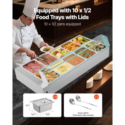 Commercial Food Warmer, 1700W Electric Stainless Steel Steam Food Warmer with Glass Cover, 10-Pan Countertop Buffet Bain Marie with Soup & Perforated Ladles, for Catering, Restaurant & Party - Image 2