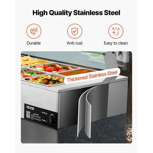 Commercial Food Warmer, 1700W Electric Stainless Steel Steam Food Warmer with Glass Cover, 10-Pan Countertop Buffet Bain Marie with Soup & Perforated Ladles, for Catering, Restaurant & Party - Image 4