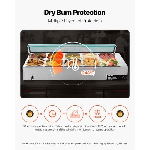 Commercial Food Warmer, 1700W Electric Stainless Steel Steam Food Warmer with Glass Cover, 10-Pan Countertop Buffet Bain Marie with Soup & Perforated Ladles, for Catering, Restaurant & Party - Image 5