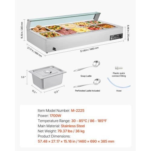 Commercial Food Warmer, 1700W Electric Stainless Steel Steam Food Warmer with Glass Cover, 10-Pan Countertop Buffet Bain Marie with Soup & Perforated Ladles, for Catering, Restaurant & Party - Image 6