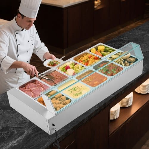 Commercial Food Warmer, 1700W Electric Stainless Steel Steam Food Warmer with Glass Cover, 10-Pan Countertop Buffet Bain Marie with Soup & Perforated Ladles, for Catering, Restaurant & Party - Image 7