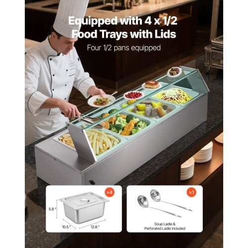 Commercial Food Warmer, 1500W Electric Stainless Steel Steam Food Warmer with Glass Cover, 4-Pan Countertop Buffet Bain Marie with Soup & Perforated Ladles, for Catering, Restaurant & Party - Image 2