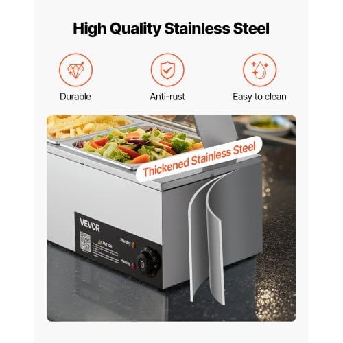 Commercial Food Warmer, 1500W Electric Stainless Steel Steam Food Warmer with Glass Cover, 4-Pan Countertop Buffet Bain Marie with Soup & Perforated Ladles, for Catering, Restaurant & Party - Image 4