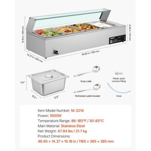 Commercial Food Warmer, 1500W Electric Stainless Steel Steam Food Warmer with Glass Cover, 4-Pan Countertop Buffet Bain Marie with Soup & Perforated Ladles, for Catering, Restaurant & Party - Image 6