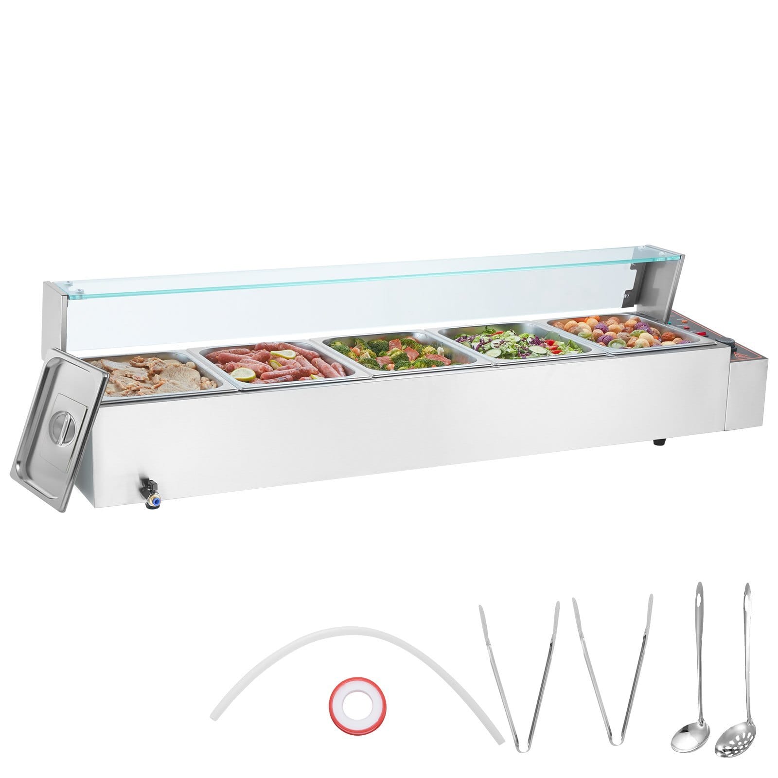 60QT Commercial Food Warmer, 5-Pan Electric Steam Table with Glass Cover, 1500W Countertop Stainless Steel Buffet Bain Marie with 86-185?&deg;F Temp Control for Catering, Buffet, Parties, Restaurants