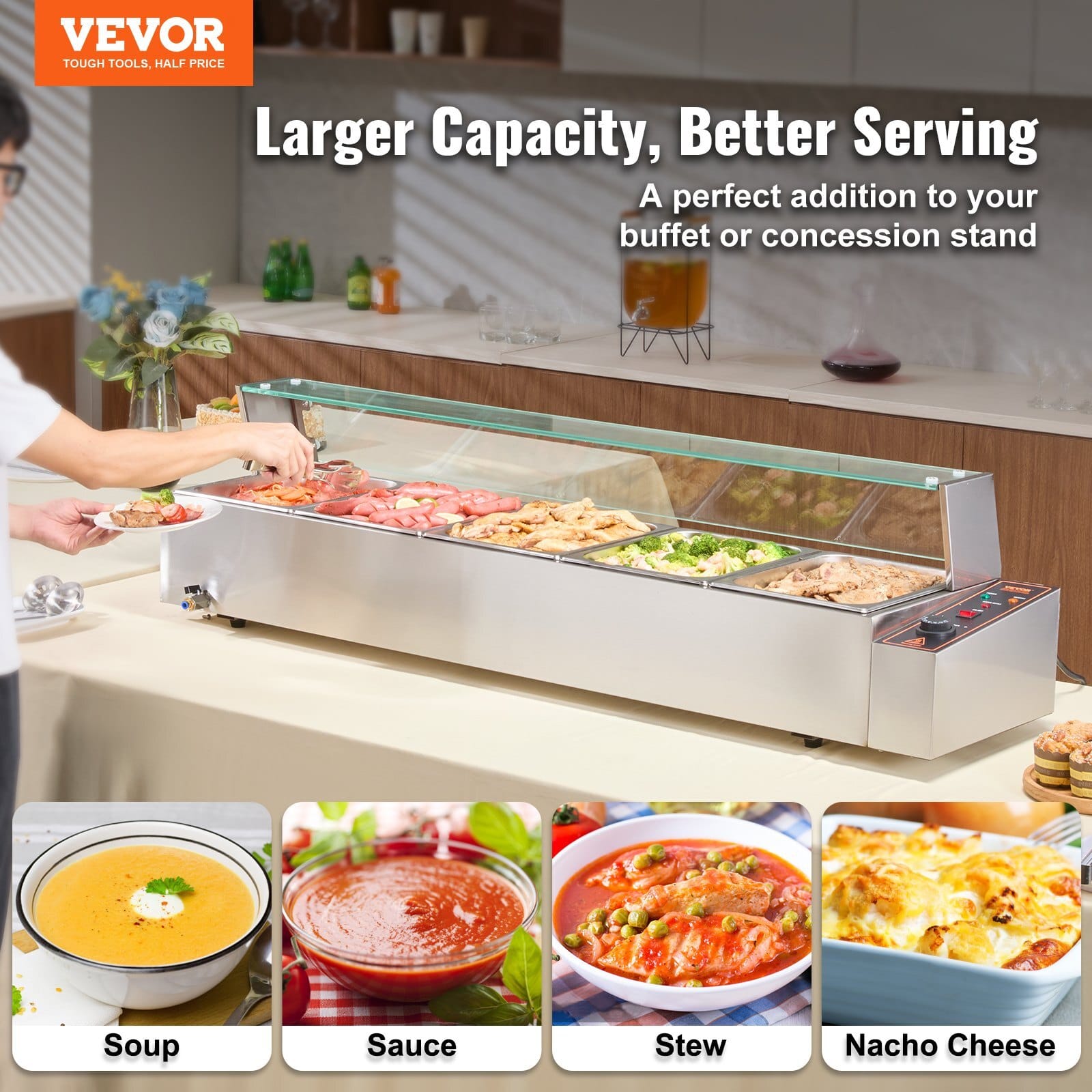 60QT Commercial Food Warmer, 5-Pan Electric Steam Table with Glass Cover, 1500W Countertop Stainless Steel Buffet Bain Marie with 86-185?°F Temp Control for Catering, Buffet, Parties, Restaurants - Image 2