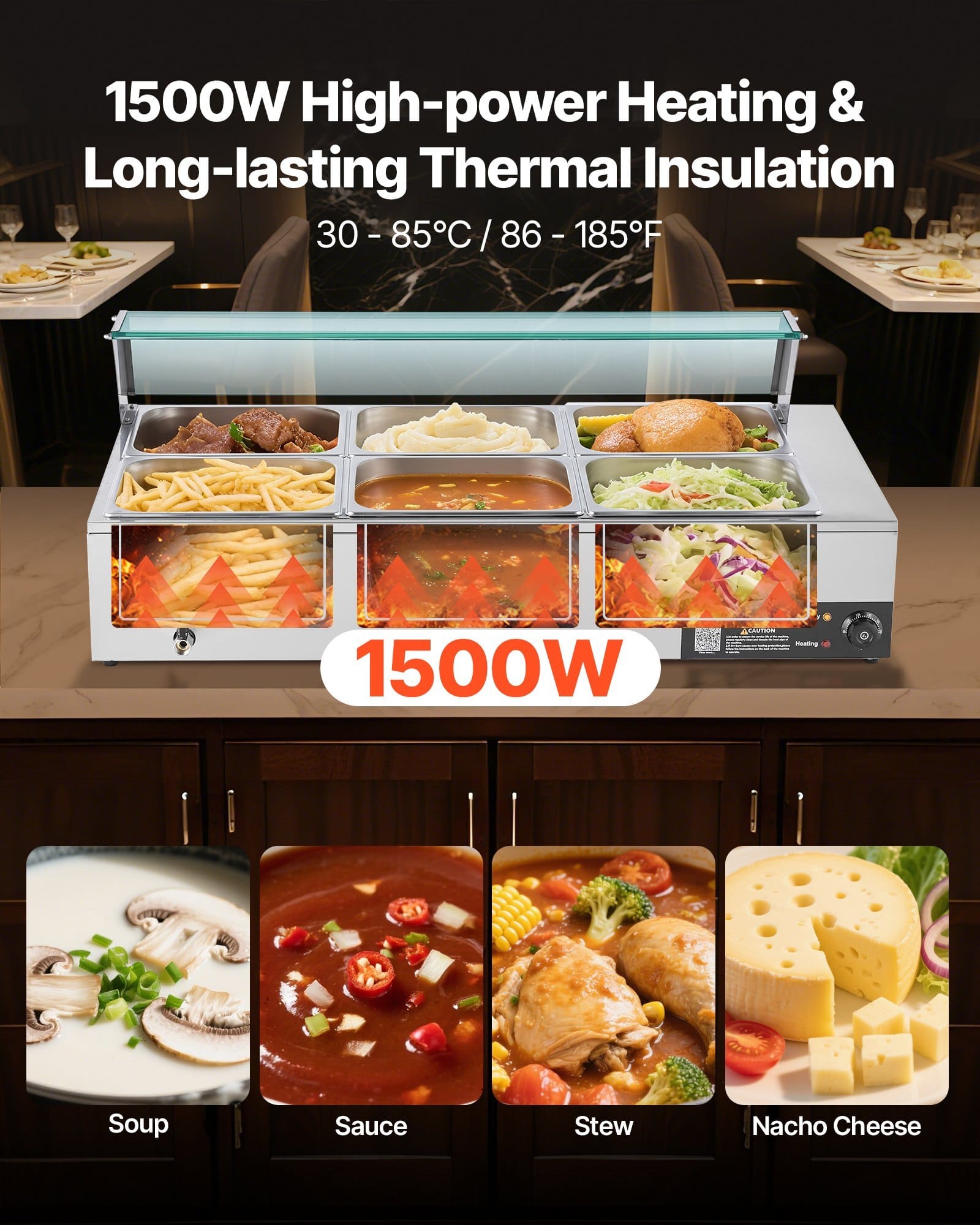 Commercial Food Warmer, 1500W Electric Stainless Steel Steam Food Warmer with Glass Cover, 6 x 1/2 Size Pans Buffet Bain Marie with Soup & Perforated Ladles, for Catering, Restaurant & Party