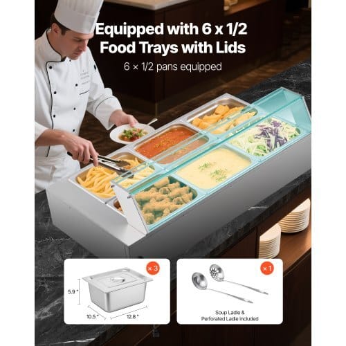 Commercial Food Warmer, 1500W Electric Stainless Steel Steam Food Warmer with Glass Cover, 6 x 1/2 Size Pans Buffet Bain Marie with Soup & Perforated Ladles, for Catering, Restaurant & Party - Image 2