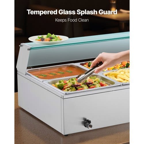 Commercial Food Warmer, 1500W Electric Stainless Steel Steam Food Warmer with Glass Cover, 6 x 1/2 Size Pans Buffet Bain Marie with Soup & Perforated Ladles, for Catering, Restaurant & Party - Image 3