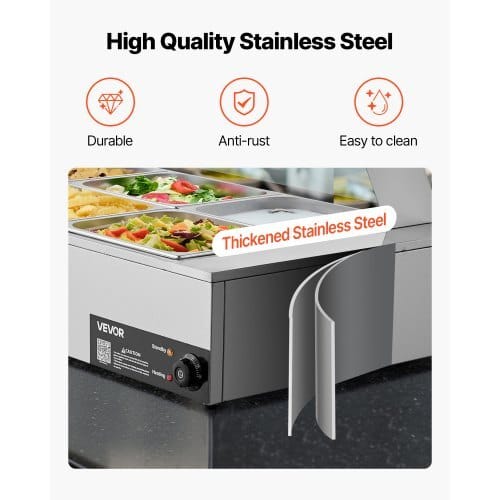 Commercial Food Warmer, 1500W Electric Stainless Steel Steam Food Warmer with Glass Cover, 6 x 1/2 Size Pans Buffet Bain Marie with Soup & Perforated Ladles, for Catering, Restaurant & Party - Image 4