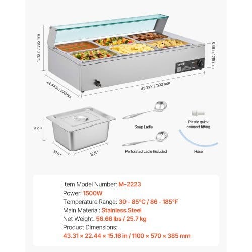 Commercial Food Warmer, 1500W Electric Stainless Steel Steam Food Warmer with Glass Cover, 6 x 1/2 Size Pans Buffet Bain Marie with Soup & Perforated Ladles, for Catering, Restaurant & Party - Image 6