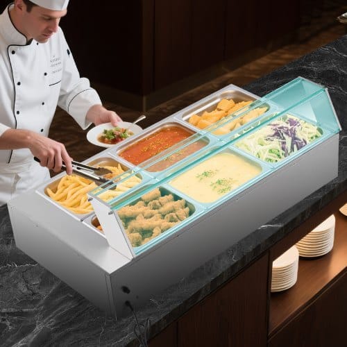 Commercial Food Warmer, 1500W Electric Stainless Steel Steam Food Warmer with Glass Cover, 6 x 1/2 Size Pans Buffet Bain Marie with Soup & Perforated Ladles, for Catering, Restaurant & Party - Image 7