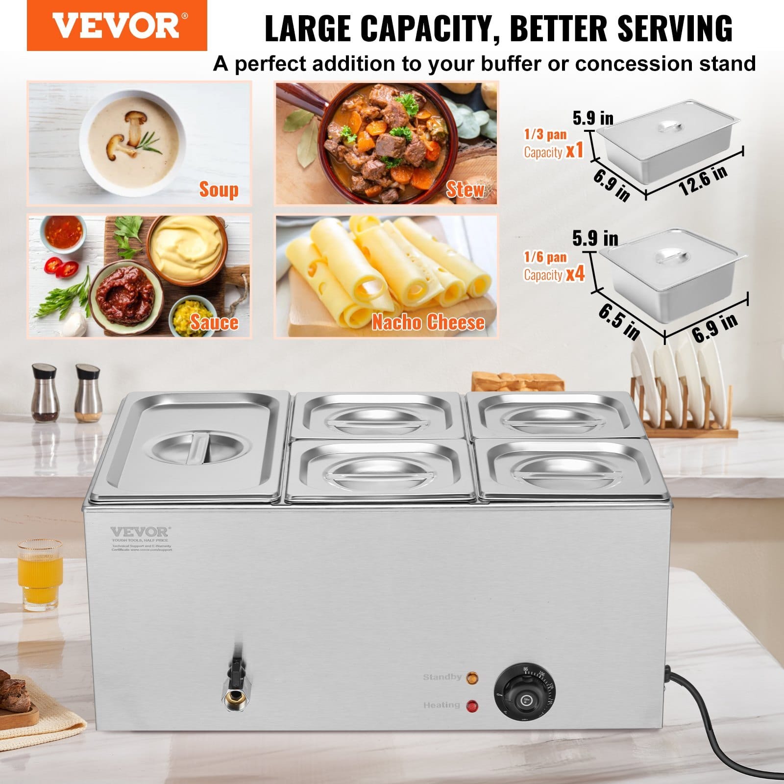 24QT Commercial Food Warmer, 5-Pan Electric Steam Table, 1200W Professional Countertop Stainless Steel Buffet Bain Marie with 86-185?°F Temp Control for Catering, Buffet, Parties, Restaurants - Image 2